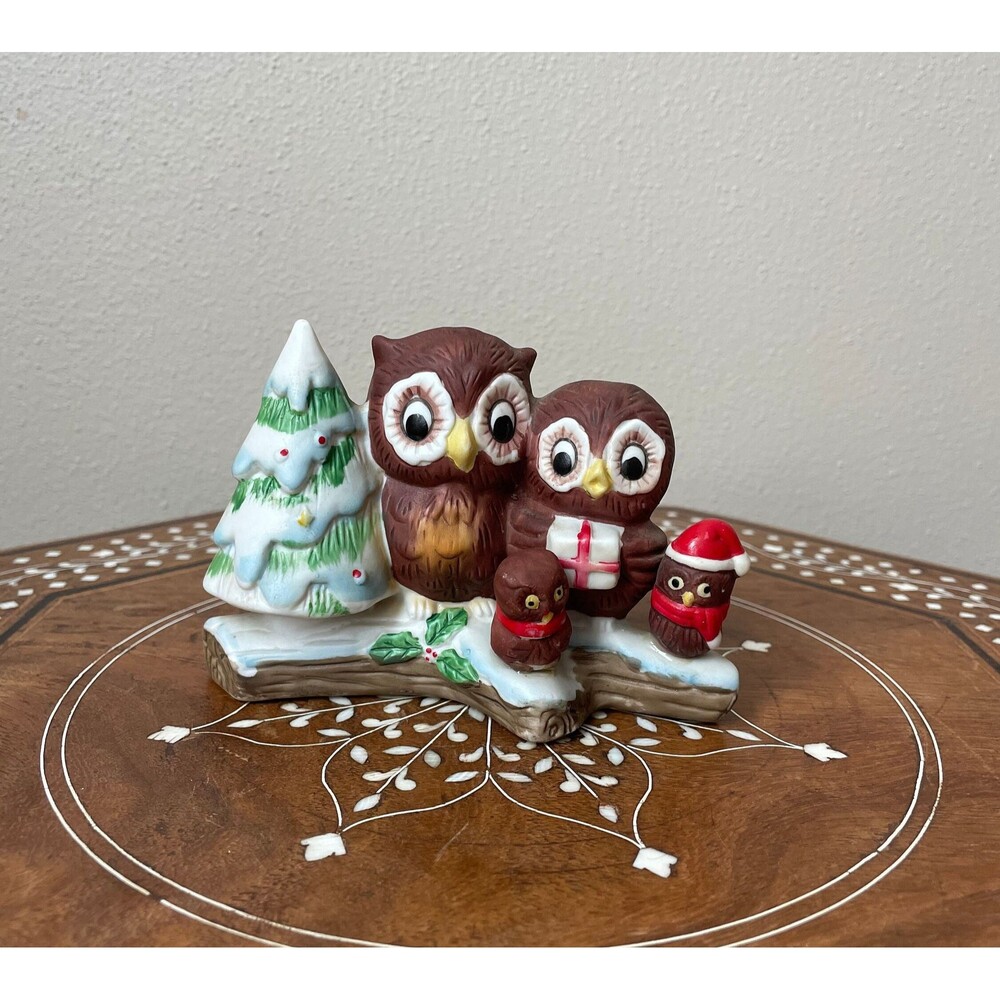 Vintage UCGC Ceramic Owl Family On Log Christmas Tree